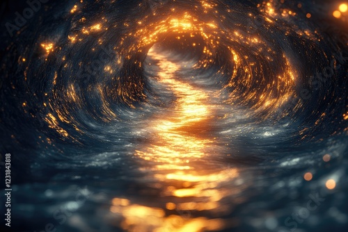 A river of energy flowing through a dark, surreal landscape, illuminating the path in a glowing, abstract scene.