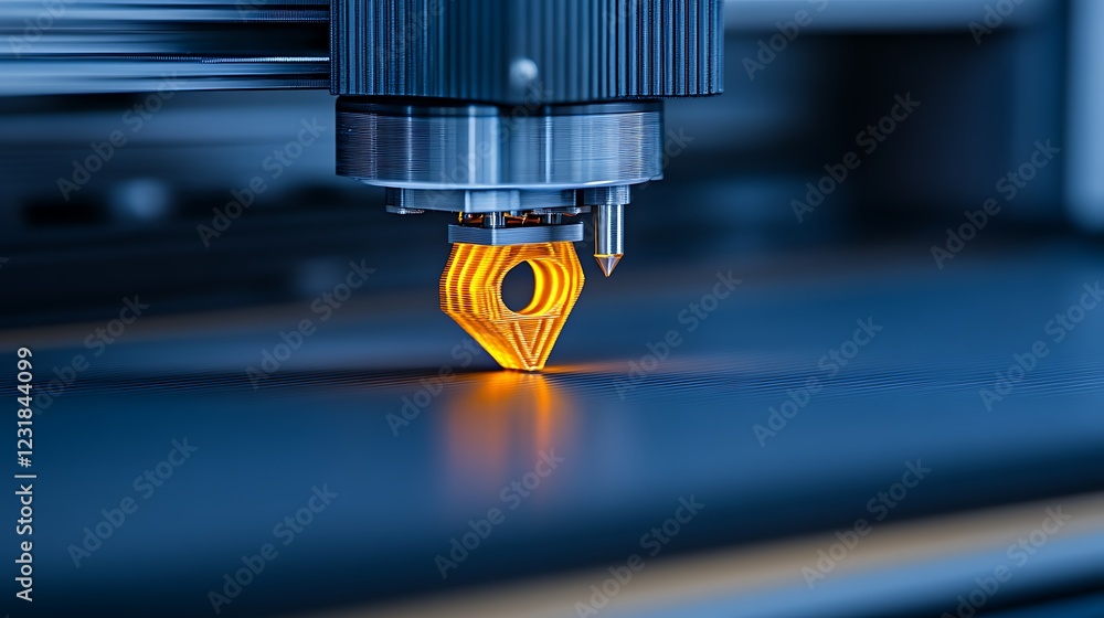 3D Printer Nozzle Extruding Orange Filament, Creating Layered Object 3D Printer Nozzle Extruding Orange Filament, Creating Layered Object