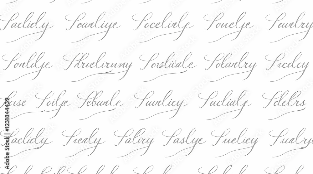Naklejka premium A seamless pattern of elegant calligraphy script in a delicate cursive font, written in shades of grey on a white background, creating a sophisticated, understated aesthetic with a bal.