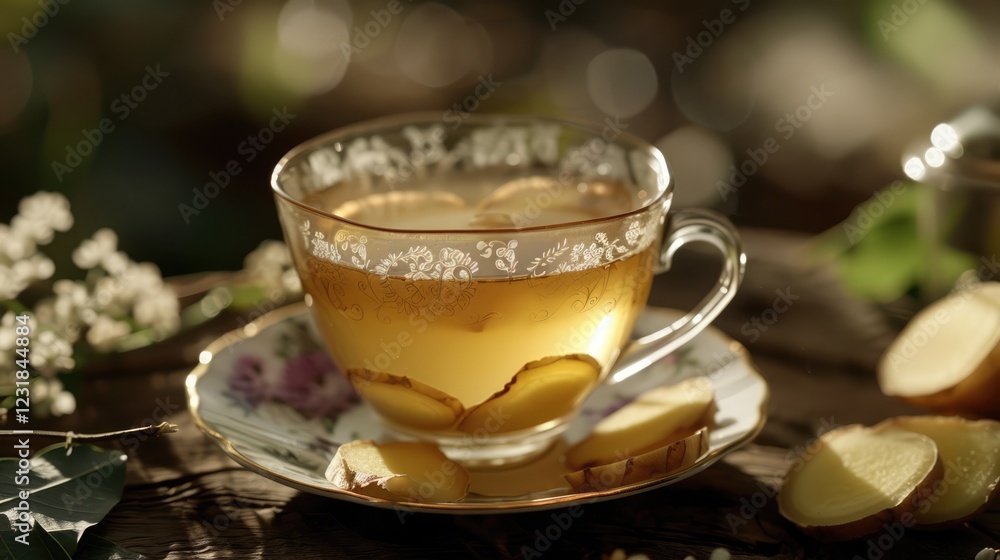 A cup of lemon-ginger tea with slices of fresh lemon and ginger root on a wooden background. The concept of a healthy and natural drink. A cup of lemon-ginger tea with slices of fresh lemon and ginger root on a wooden background. The concept of a healthy and natural drink.