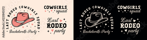 Bachelorette party cowgirls squad country western pink black aesthetic theme her last rodeo quotes pack bundle set. Printable cowboy hat retro vintage preppy bridesmaid girls sticker shirt design.