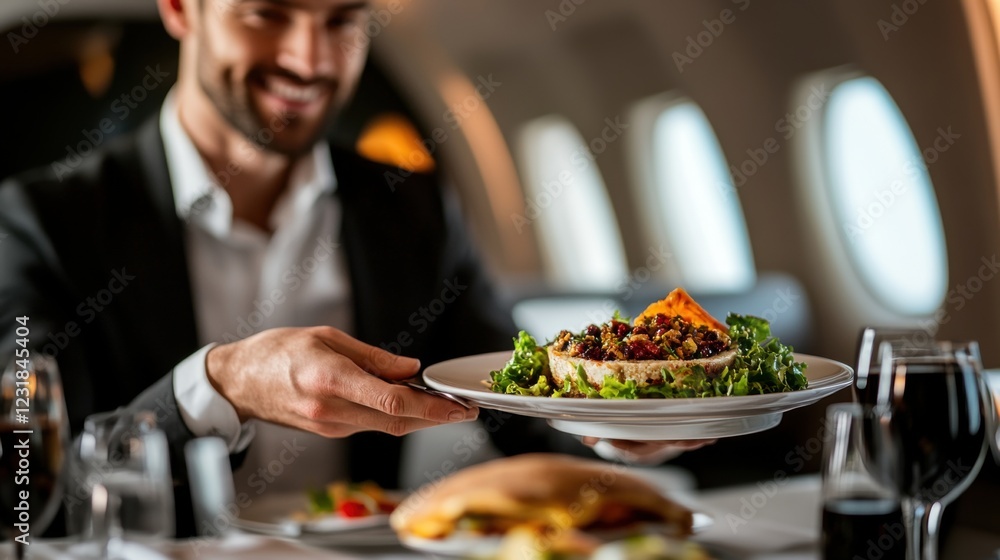 Aerial View of Attentive Crew Member Serving Meals Private Jet Photography In-Flight Aerial Perspective Aerial View of Attentive Crew Member Serving Meals Private Jet Photography In-Flight Aerial Perspective