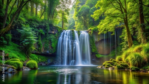 waterfall in forest with tall trees and greenery