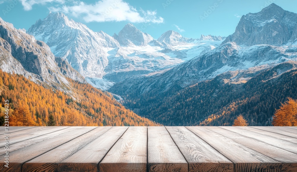 Wooden table overlooking autumnal mountain range.