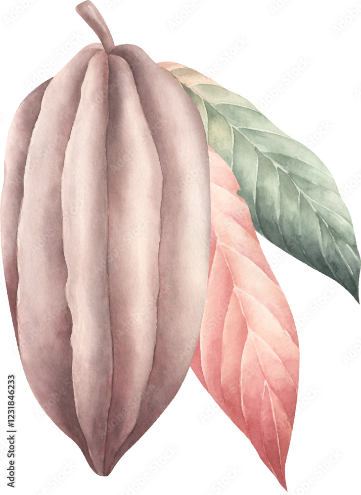Naklejka premium Hand drawn composition with watercolor cocoa beans and leaf.