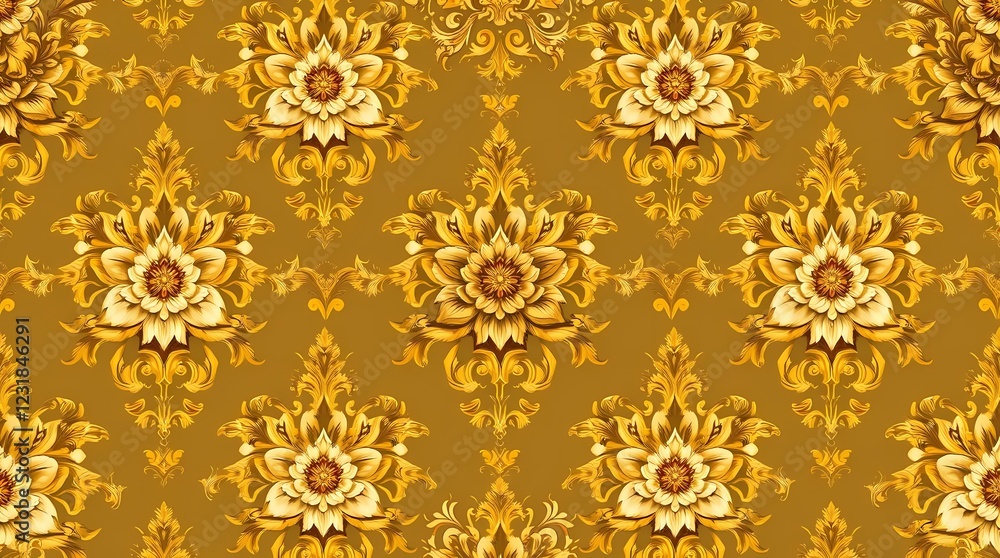 A seamless pattern of intricately detailed baroque-style floral motifs in deep gold and ivory, rendered in a photorealistic style with a high level of detail and a luxurious feel. A seamless pattern of intricately detailed baroque-style floral motifs in deep gold and ivory, rendered in a photorealistic style with a high level of detail and a luxurious feel.
