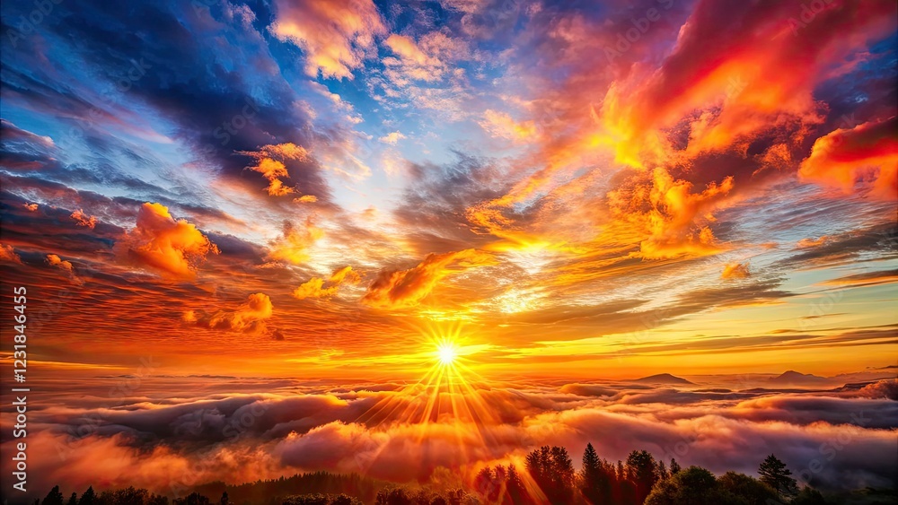 Fototapeta premium Artistic sunrise double exposure: celestial burst, sun rays paint golden hour skies over a breathtaking landscape.