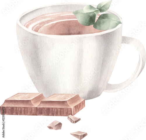 Watercolor mug of coffee with mint leaf and slice chocolate isolated. Vector illustration for decorate.