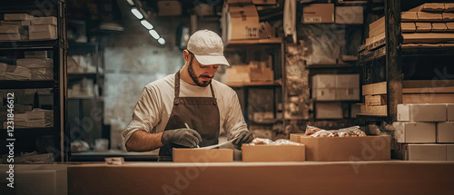 Bakery worker preparing boxes of freshly baked goods in a cozy shop