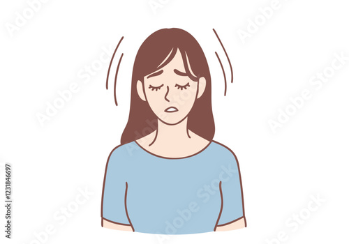 Overwhelmed and Stressed: Illustration of a young woman experiencing stress and anxiety, depicted with her eyes closed and head bowed, conveying feelings of pressure and mental fatigue.