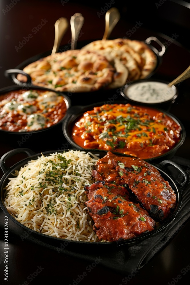Ethnic Cuisine: A buffet showcasing traditional Indian dishes like biryani, naan, and curries. Ethnic Cuisine: A buffet showcasing traditional Indian dishes like biryani, naan, and curries.