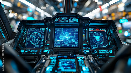Fototapeta Naklejka Na Ścianę i Meble -  Futuristic spaceship cockpit, navigation, space travel