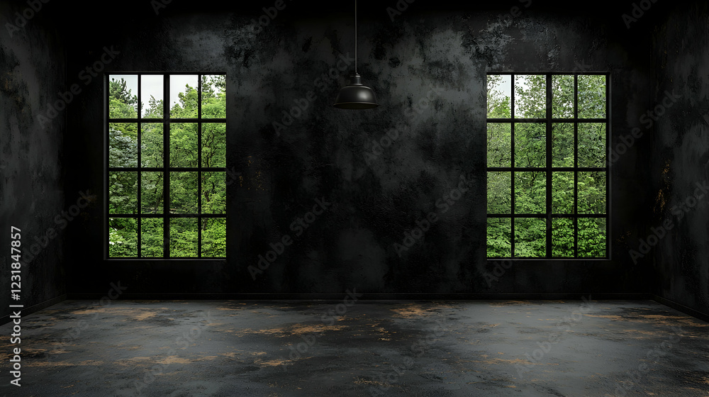 Dark room, forest view, industrial grunge, empty space, design Dark room, forest view, industrial grunge, empty space, design