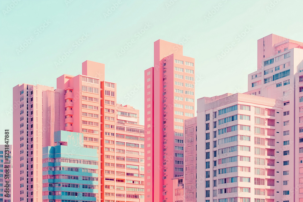Fototapeta premium Pink buildings in a cityscape. The buildings are pink and have many windows. The sky is blue and the buildings are tall