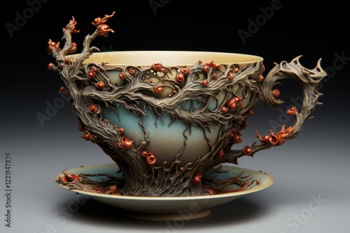 Exquisite ceramic teacup and saucer showcasing intricate vine like design, earthy tones, and delicate red accents photo