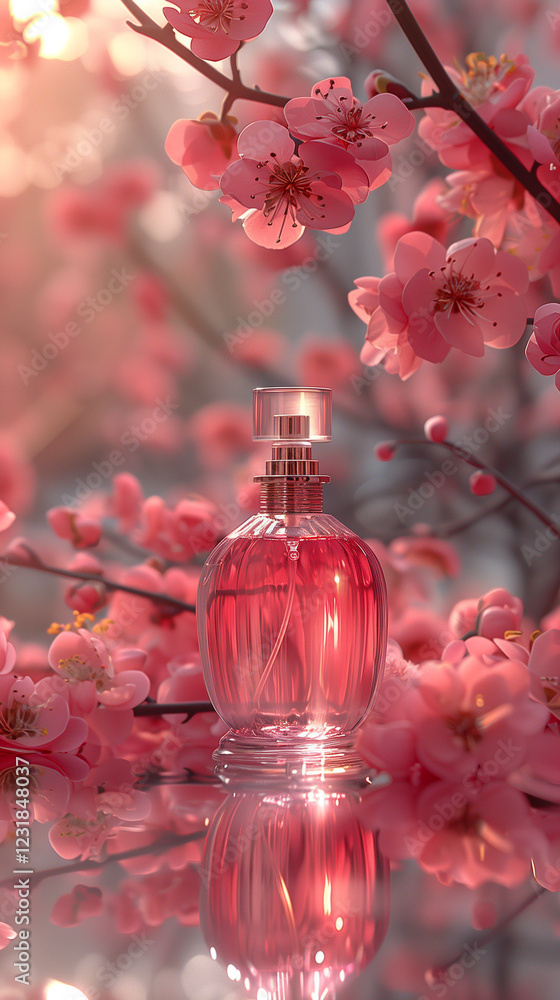 Elegant Pink Perfume Bottle with Delicate Flowers and Soft Bokeh Elegant Pink Perfume Bottle with Delicate Flowers and Soft Bokeh