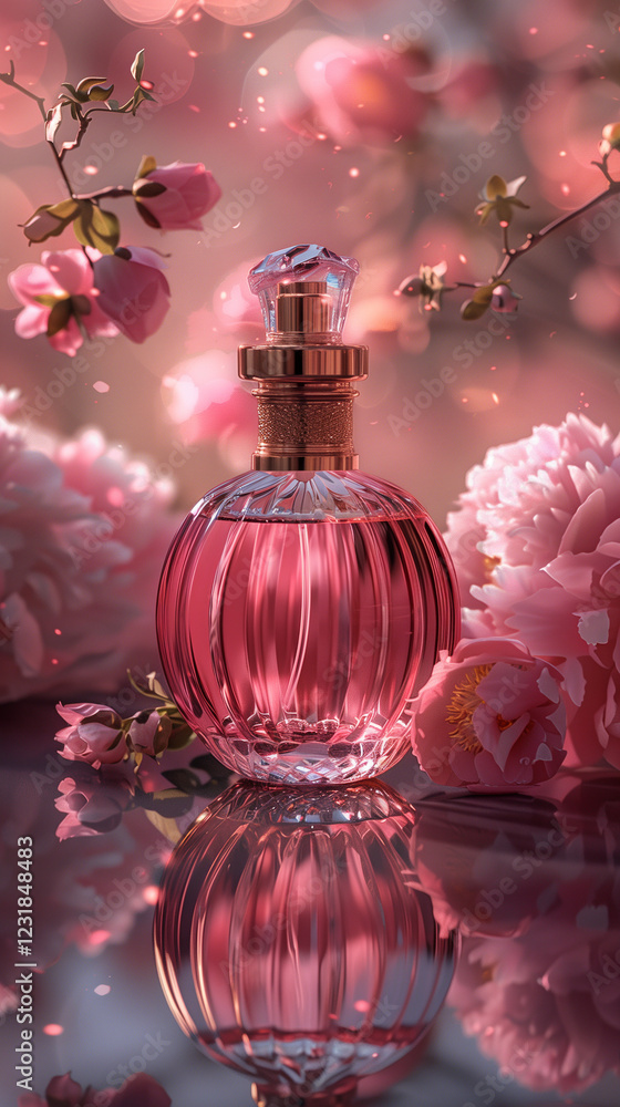 Elegant Pink Perfume Bottle Nestled in Lush Peonies Elegant Pink Perfume Bottle Nestled in Lush Peonies
