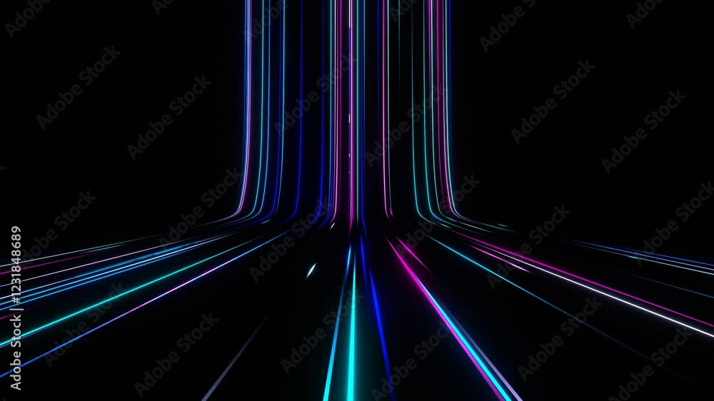 Futuristic neon light trails flowing in a seamless motion, creating a dynamic and immersive cyberpunk atmosphere. Perfect for VJ loops, music visuals, technology backgrounds, and sci-fi themes.