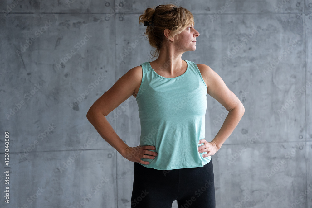Confident senior fitness woman posing with hands on hips in gym after workout Confident senior fitness woman posing with hands on hips in gym after workout