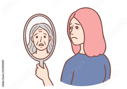 Aging Anxiety: A young woman with pink hair gazes sadly at her reflection in a hand mirror, showing an older version of herself.