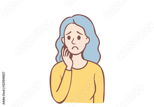 Worried Woman: A hand-drawn illustration of a woman with blue hair, her brow furrowed and hand resting on her cheek, evoking a sense of concern and apprehension.