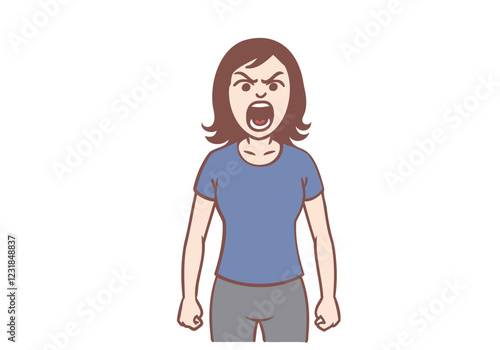 Angry Woman Illustration: A stylized illustration of an angry woman with her mouth open, shouting, fists clenched, conveying intense frustration and rage.