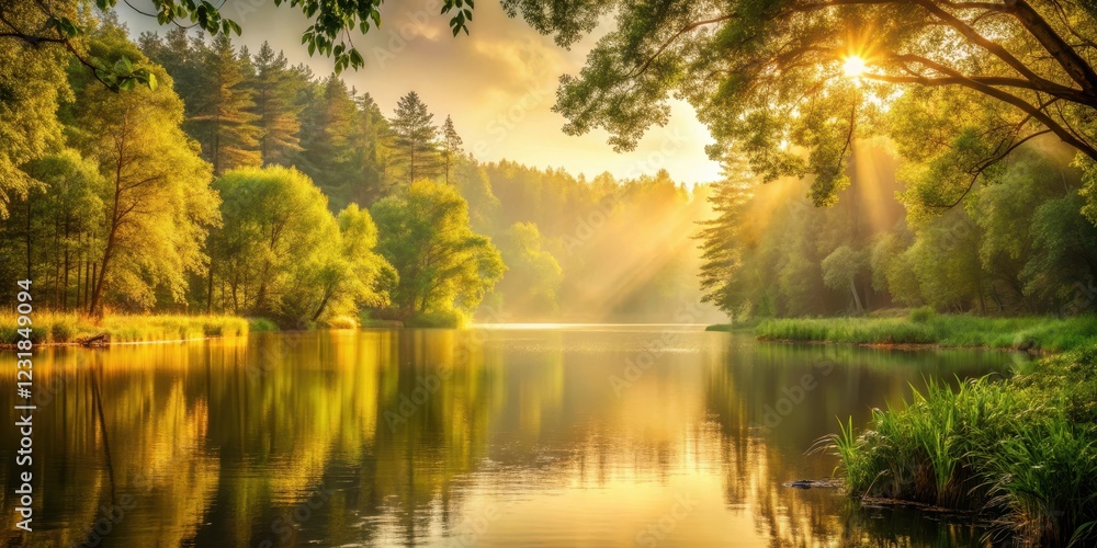 Soft golden light pours through dense foliage in a serene forest environment Soft golden light pours through dense foliage in a serene forest environment