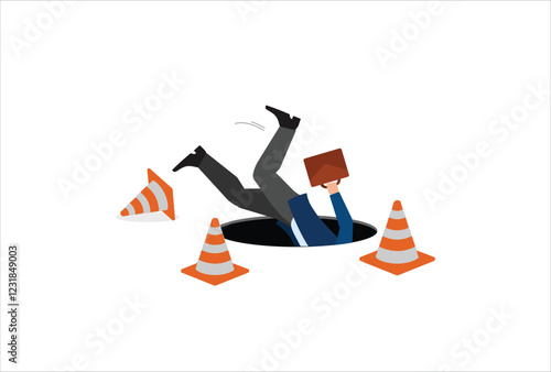 Failure or mistake leading to disaster despair, problems from crisis, business accident, frightened businessman falling into a hole.