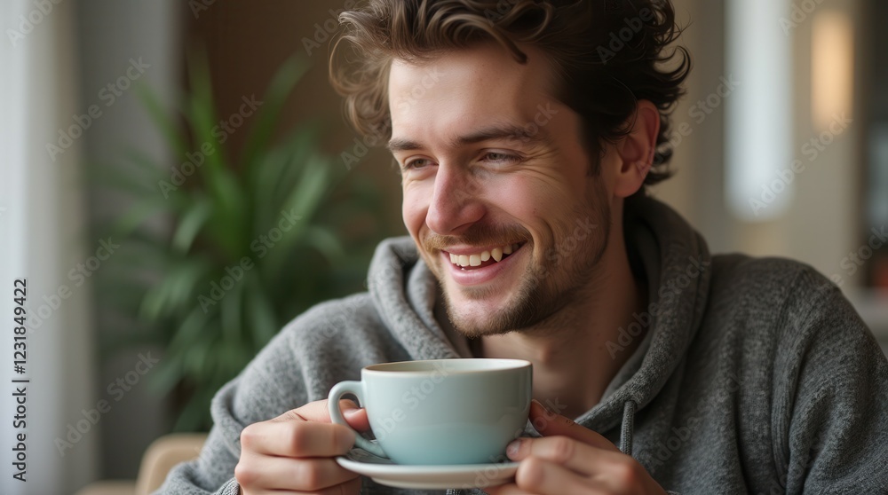 close up portrait of a smiling young Caucasian man enjoying the aroma of fresh coffee at home while relaxing and enjoying the day close up portrait of a smiling young Caucasian man enjoying the aroma of fresh coffee at home while relaxing and enjoying the day