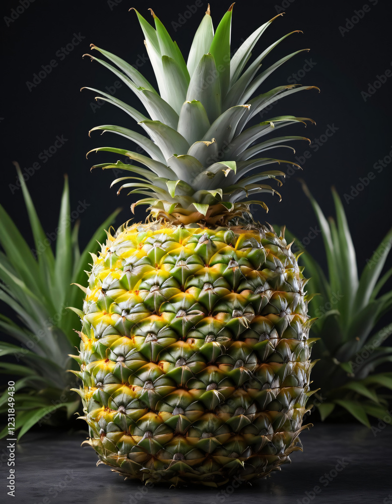 Obraz premium a fresh pineapple with rough spiky skin and green leaves