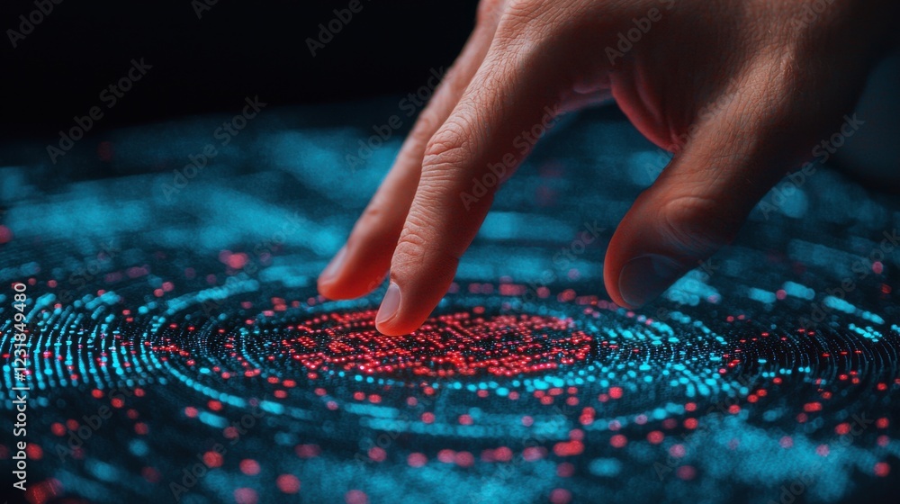 Naklejka premium Hand Holographic bar stock Business Tablet concept. Futuristic Digital Trading Concept with Businessman s Hand Interacting with Vibrant Data Network