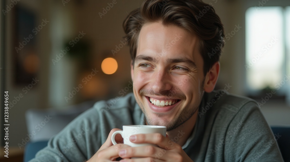 close up portrait of a smiling young Caucasian man enjoying the aroma of fresh coffee at home while relaxing and enjoying the day close up portrait of a smiling young Caucasian man enjoying the aroma of fresh coffee at home while relaxing and enjoying the day