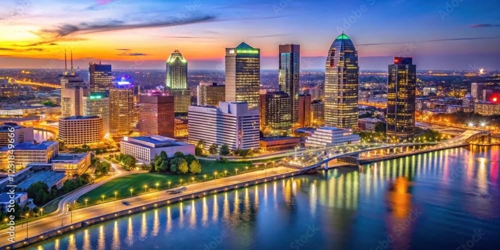 Naklejka premium Aerial view of Louisville skyline over Ohio River at dusk with illuminated buildings and twinkling lights , urban landscape, nighttime