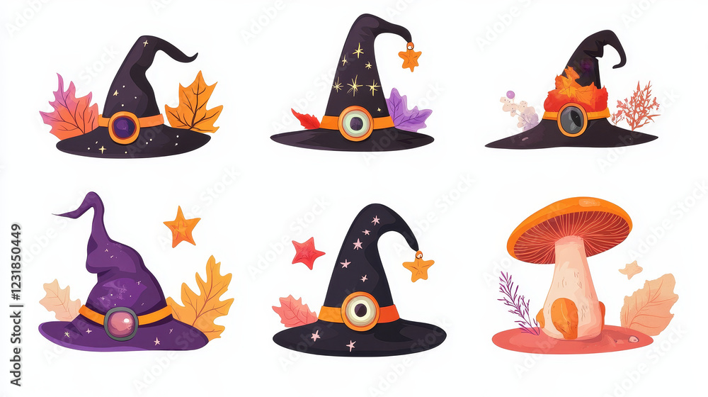 Obraz premium Witch hats cartoon vector set. Wizard headwear, magician caps decorated with mushrooms, plant branches, leaves, eyeball or star. Halloween party costume for sorceress or astrologer isolated collection