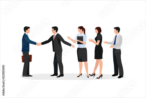 Onboarding new employee, warm welcome to new office, introduce new hire to colleagues, orientation training on first day concept, businessman manager handshake welcome and introduce new staff to team.