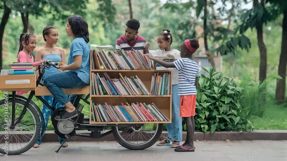 A woman shares books from a bicycle library with a group of children in a park A woman shares books from a bicycle library with a group of children in a park