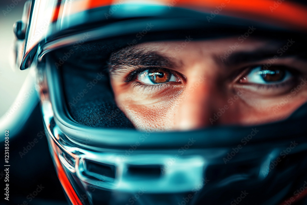 Intense portrait of a focused car racer in a helmet showcasing determination and speed, generative AI Intense portrait of a focused car racer in a helmet showcasing determination and speed, generative AI