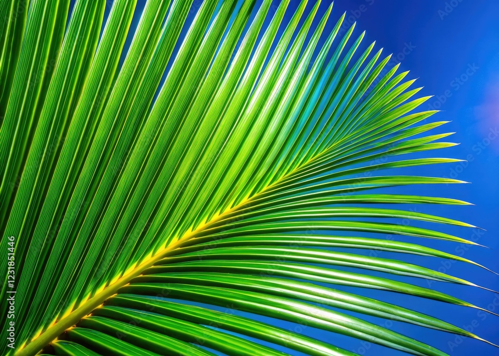 Fototapeta premium Close-up macro reveals a blue sky backdrop to a vibrant palm leaf's detailed texture.