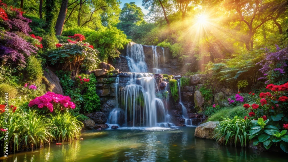 waterfall in the park surrounded by lush greenery and vibrant flowers waterfall in the park surrounded by lush greenery and vibrant flowers