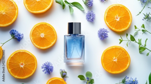 Blue perfume bottle surrounded by orange slices and purple flowers on white background.