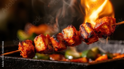 Grilled paneer skewers with flames in background