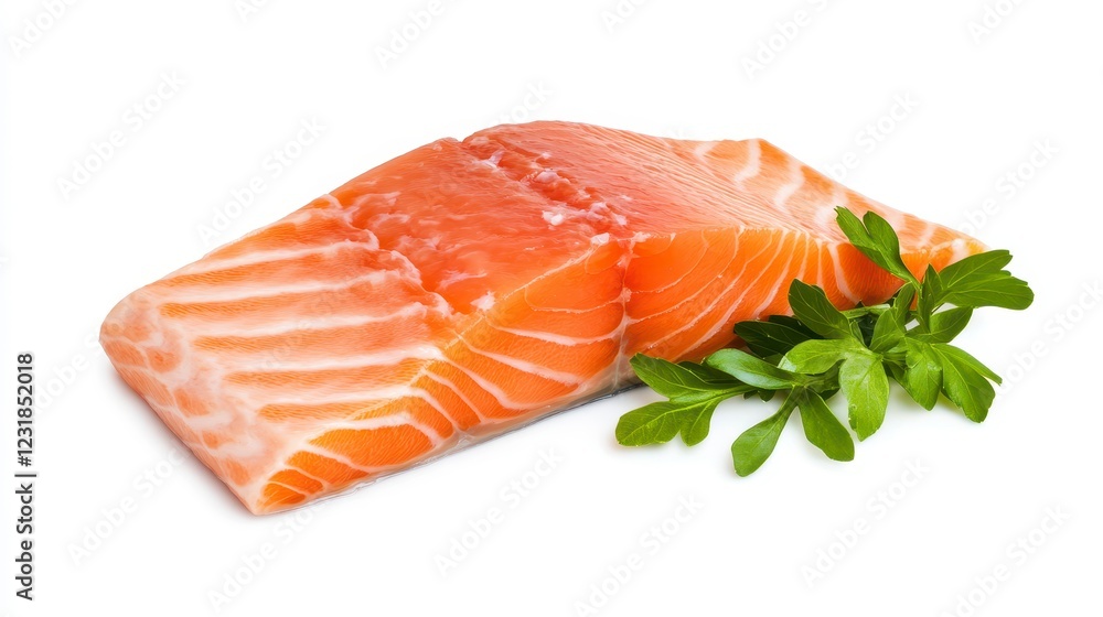 Fresh Raw Salmon Fillet with Green Garnish on White Background Fresh Raw Salmon Fillet with Green Garnish on White Background