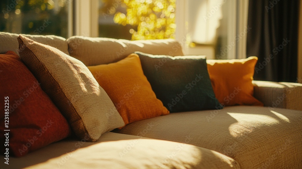 Fototapeta premium Cozy living room with colorful pillows on a sofa illuminated by natural sunlight, showcasing a warm and inviting atmosphere perfect for relaxation