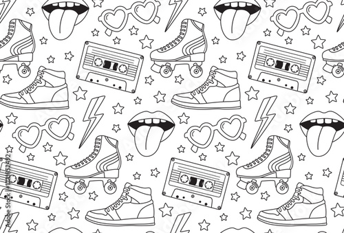 Seamless pattern with retro elements. Roller skate, tape cassette, glasses, lips, sneakers and stars drawn in doodle style	