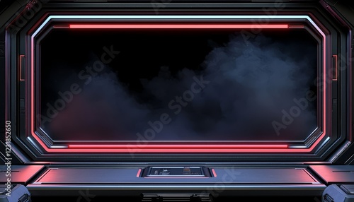 Fototapeta Naklejka Na Ścianę i Meble -  Futuristic Spaceship Interior Viewscreen Red Neon Lights