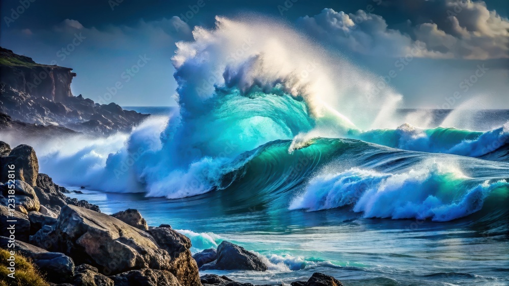 Naklejka premium A dark blue ocean wave crashes against a rocky shore with foamy spray in the air, amidst a serene and peaceful atmosphere , landscape