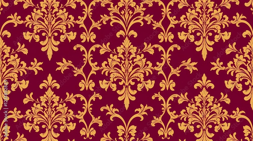 A sophisticated seamless pattern featuring a damask-like design, rendered in deep plum and antique gold, utilizing a classical style and an elegantly repeating layout, suggesting luxur. A sophisticated seamless pattern featuring a damask-like design, rendered in deep plum and antique gold, utilizing a classical style and an elegantly repeating layout, suggesting luxur.
