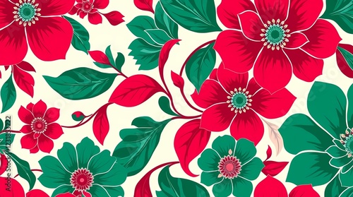 A sophisticated seamless pattern featuring elegant floral motifs in a detailed, intricate style, rendered in deep jewel tones such as emerald green, ruby red, and sapphire blue, achiev.