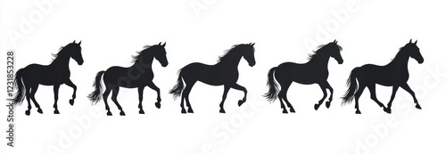 Five black horse silhouettes in a row. photo