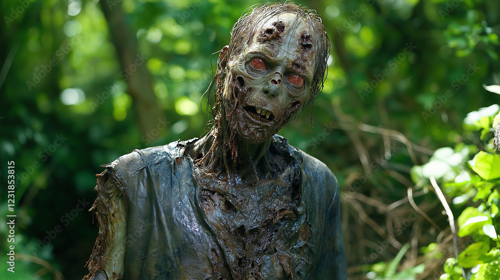 Detailed zombie makeup in forest setting. Suitable for horror film and special effects makeup artistry. Detailed zombie makeup in forest setting. Suitable for horror film and special effects makeup artistry.